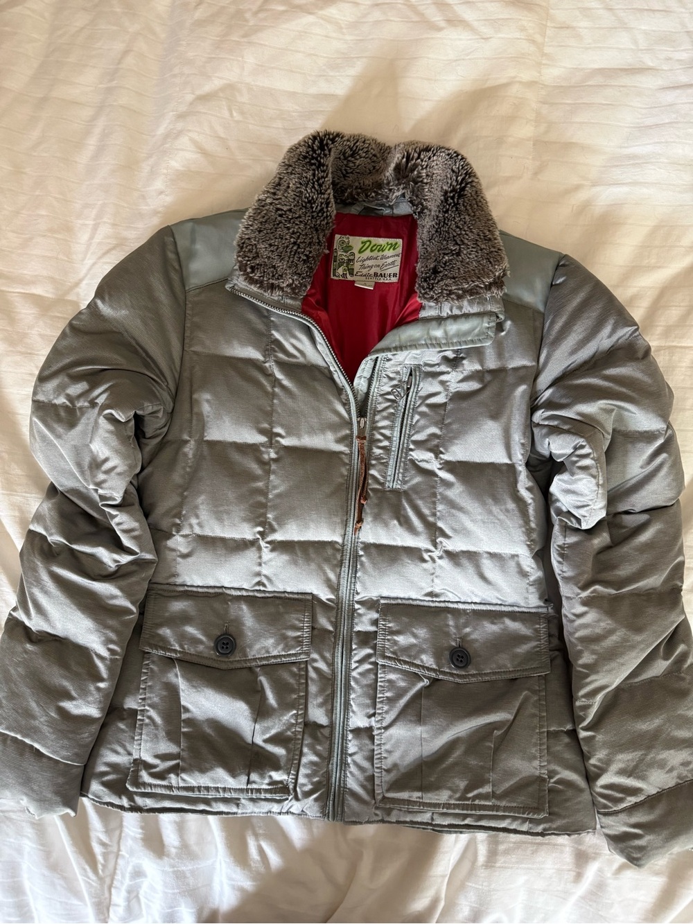 Eddie Bauer Silver Goose Down Puffer Jacket with removable Faux Fur Collar